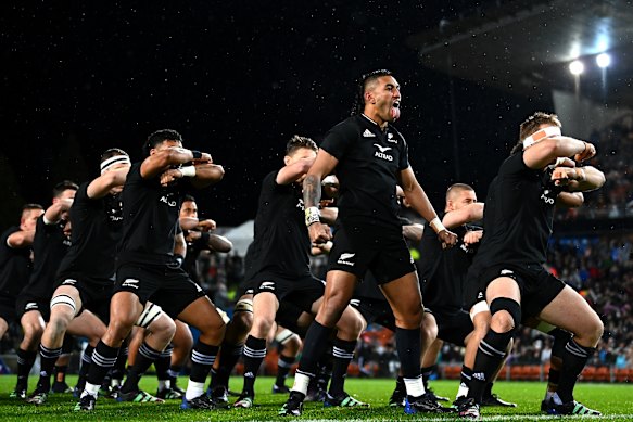 Rieko Ioane of the All Blacks performs the haka.