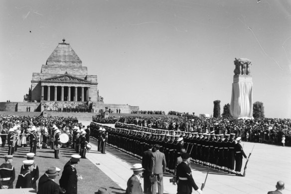 The unveiling of the new WWII memorial at the Shrine of Remembrance.