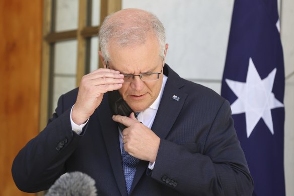 Prime Minister Scott Morrison at today’s press conference in Canberra.