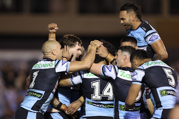 Cronulla celebrate Billy Burns try.