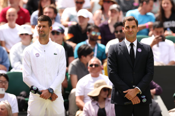 Novak Djokovic and Roger Federer during the centenary celebration on centre court on Sunday.