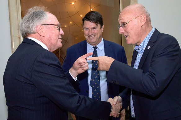 Former World Rugby vice chairman and French rugby boss Bernard Laporte (right), with Rugby Australia chairman Hamish McLennan and Sir Rod Eddington. 