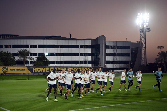 The Socceroos train at their lavish Aspire Academy base.