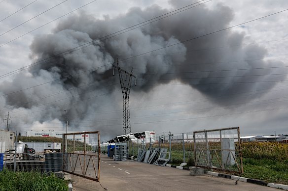 A plume of smoke rises from the Wildberries logistics hub in Poldolsk, near Moscow, on Sunday.