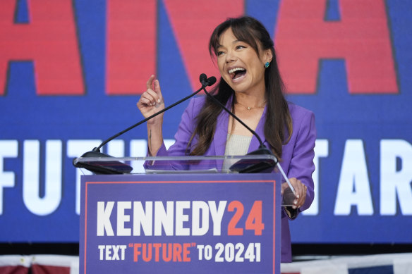 Nicole Shanahan speaks during a campaign event for presidential candidate Robert F. Kennedy jnr.