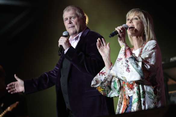  Olivia Newton-John and John Farnham perform during Fire Fight Australia at ANZ Stadium in February  2020 in Sydney. 