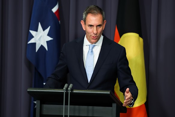 Treasurer Jim Chalmers at a press conference yesterday. 