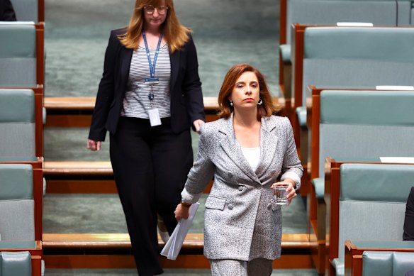 Minister for Communications Anika Wells arrives at question time this month.
