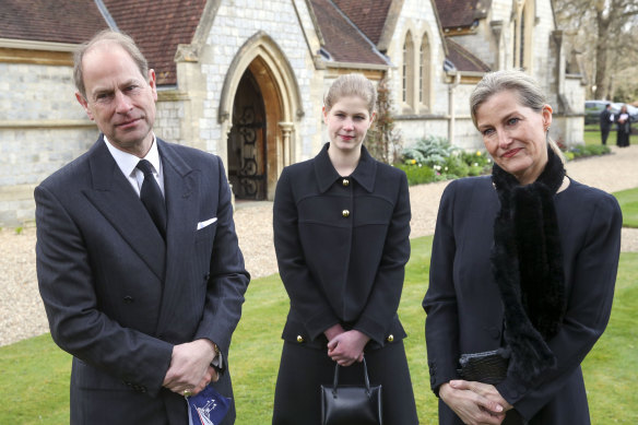 Prince Edward, Earl of Wessex, and Sophie, Countess of Wessex, with their daughter Lady Louise Windsor, days before Prince Philip’s funeral.
