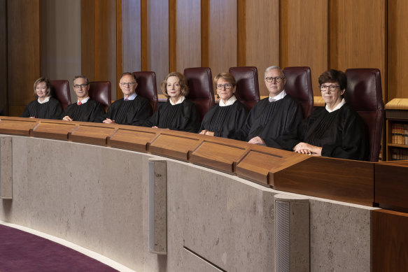 The existing High Court: (from left) Jacqueline Gleeson,  James Edelman, Stephen Gageler, Chief Justice Susan Kiefel, Michelle Gordon, Simon Steward and Jayne Jagot.