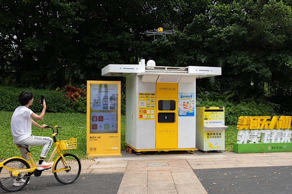Chinese food delivery giant Meituan uses drones to deliver food to designated stations in Shenzhen. 