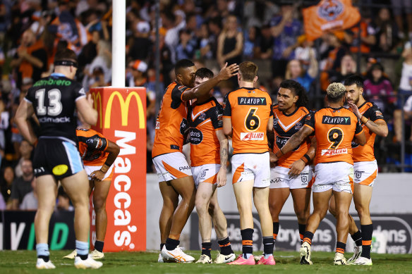 The Tigers celebrate a try on Saturday night.