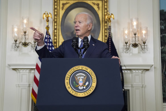President Joe Biden speaks in the Diplomatic Reception Room of the White House on Tuesday.