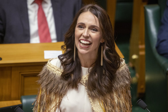 Jacinda Ardern giving her final speech to New Zealand’s parliament in Wellington in April.