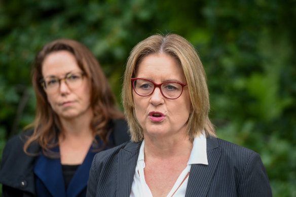Premier Jacinta Allan and Treasurer Jaclyn Symes (left) announce an independent review into the Victorian Public Service.