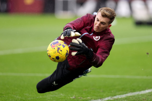 Joe Gauci warms up before Villa’s clash with Manchester United.