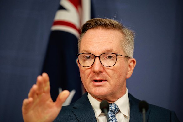 Energy Minister Chris Bowen speaks to reporters during a press conference in Sydney today. 