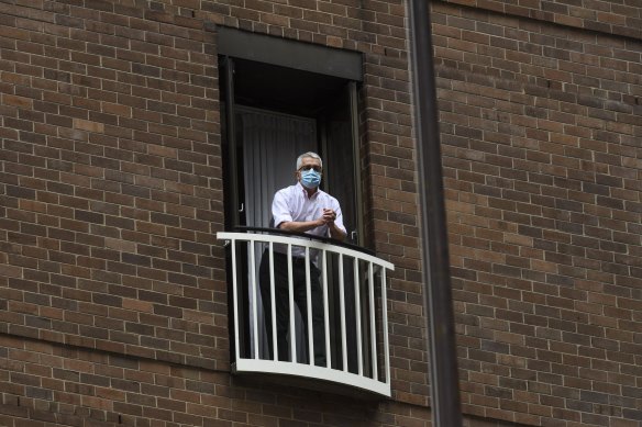 Professor Dominic Dwyer, seen here in hotel quarantine on his return to Sydney from Wuhan.