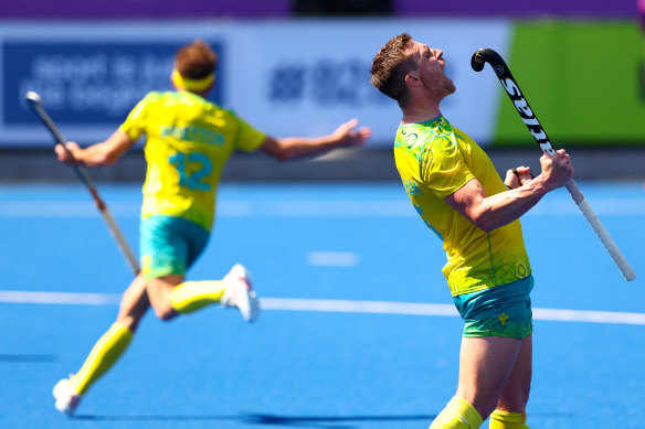 Tom Wickham celebrates after scoring Australia's fourth goal. 