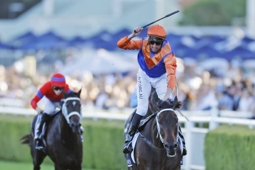 Nash Rawiller on Think It Over wins the Queen Elizabeth Stakes on Saturday.