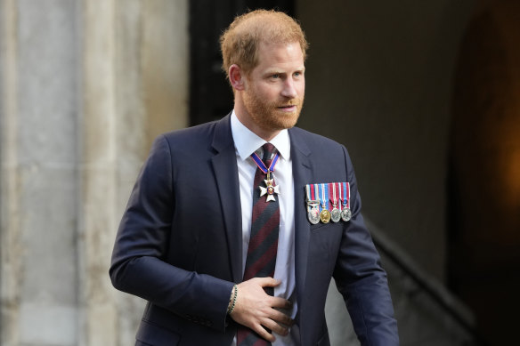 Prince Harry leaves after attending an Invictus Games Foundation 10th anniversary service of Thanksgiving at St Paul’s Cathedral in London in July.