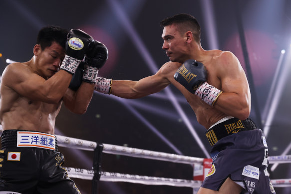 Tim Tszyu punches Takeshi Inoue during the WBO Global and Asia Pacific Super Welterweight bout.