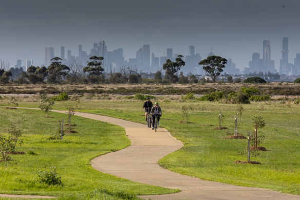 The view across Skeleton Creek and Bay Trail in Altona Meadows, where the yellow box trees were planted.