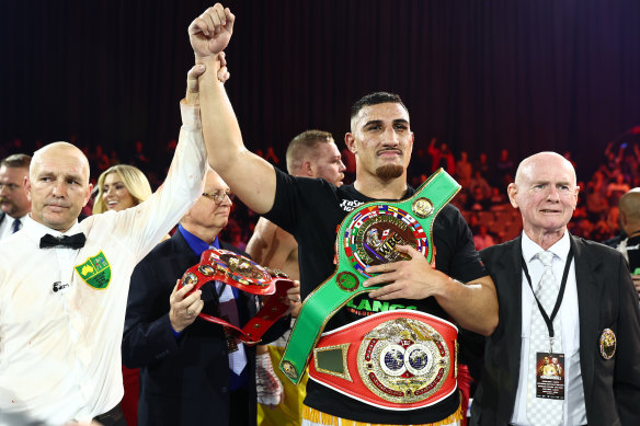 Justis Huni celebrates winning the Heavyweight WBO Oriental & IBF Pan-Pacific Regional title bout.