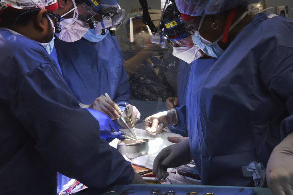 Members of the Baltimore surgical team transplant a pig’s heart into David Bennett.