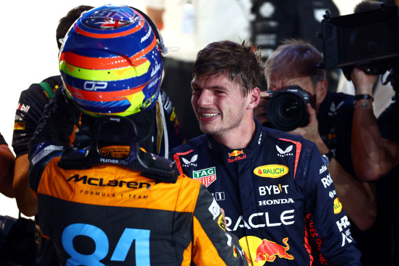 Max Verstappen shares a moment with Piastri after the sprint race.