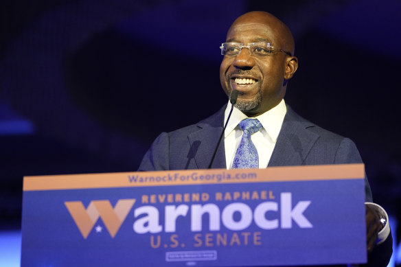 Democratic Senator Reverend Raphael Warnock speaks during an election night watch party in Atlanta, Georgia.