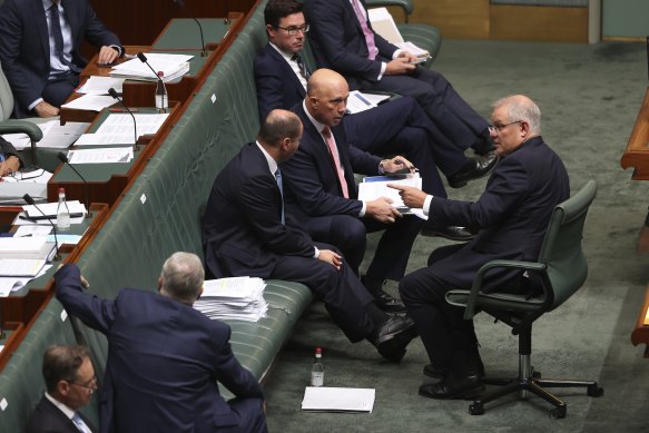 Prime Minister Scott Morrison and his frontbench during Question Time at Parliament House in 2021. 