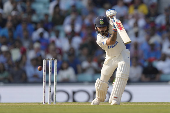 India’s Virat Kohli hits runs on the fourth day of the ICC World Test Championship Final between India and Australia.