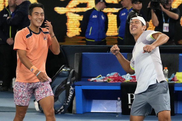 Jubilant: Australia’s dynamic duo Rinky Hijikata and Jason Kubler celebrate their win.