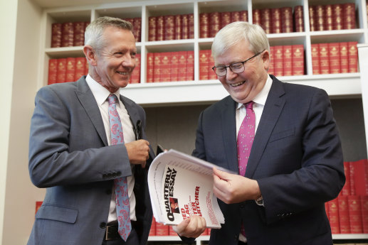 Former prime minister Kevin Rudd with Peter Hartcher at Parliament House in 2019.