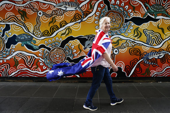 Lorraine of Ferntree Gully making her way through the Melbourne CBD to celebrate Australia Day.