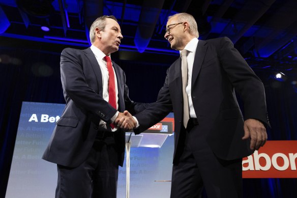 WA Premier Mark McGowan and Opposition Leader Anthony Albanese during the Labor Party campaign launch at Optus Stadium in Perth, WA, on Sunday 1 May 2022.