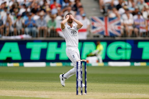 England’s Mark Wood on day two of the first Ashes Test in Perth.