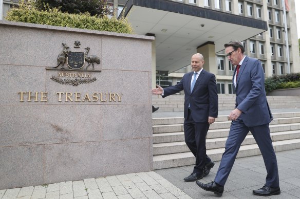Josh Frydenberg and Treasury secretary Steven Kennedy at the Treasury offices in Canberra last month.