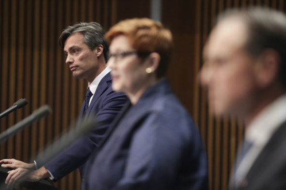 Nick Coatsworth with Minister for Foreign Affairs Marise Payne and Minister for Health Greg Hunt during a press conference on the government’s response to the COVID-19 coronavirus pandemic in April 2020.