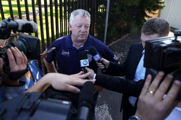 Phil Gould addresses the media last year after Trent Barrett’s departure.