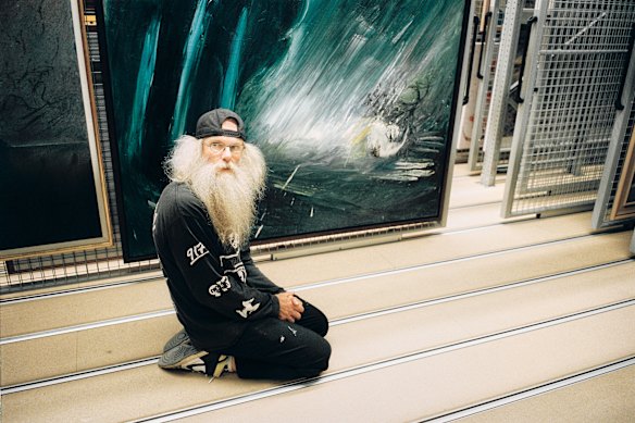 Gladwell in the Bundanon Collection Store with Arthur Boyd’s Nebuchadnezzar in a Clearing (1968–69).