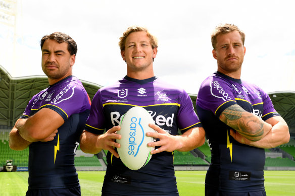 Cameron Munster (right) with Storm skipper Harry Grant (centre) and vice-captain Jahrome Hughes. 