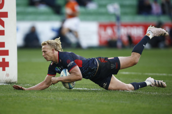 Wallabies star Carter Gordon scores for Melbourne.