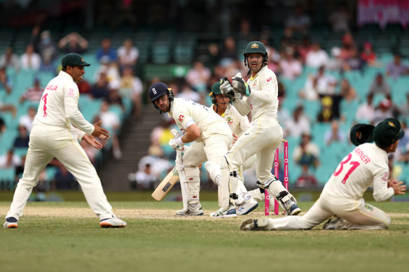 Jack Leach succumbs to the wrist spin of Steve Smith with 12 balls remaining.