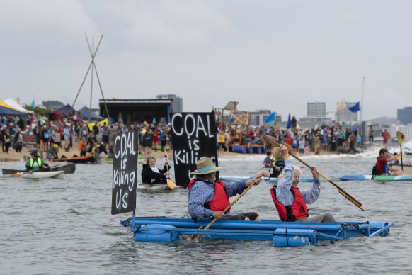 Protests over coal exports at the Port of Newcastle in 2023.