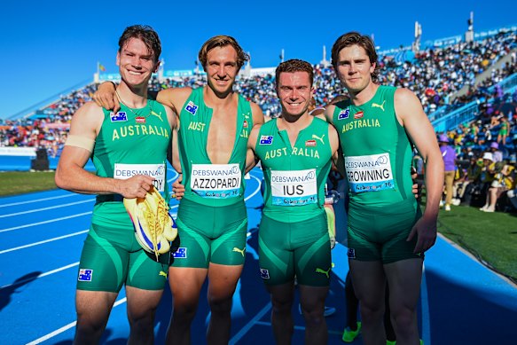 Australia’s men’s 4x100m relay team - Lachlan Kennedy, Joshua Azzopardi, Christopher Ius and Rohan Browning equalled the national record at the World Athletics relay championships in Gaborone, Botswana, where they will now compete in the final.