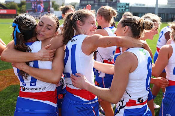 The Bulldogs celebrate their win in Fremantle.