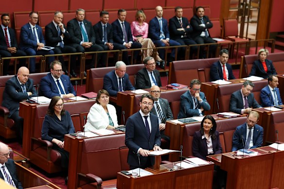 Senator Jonno Duniam delivers his valedictory speech in the Senate at Parliament House in Canberra.