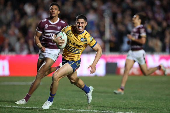 Yeah baby: Dylan Brown scores against Manly